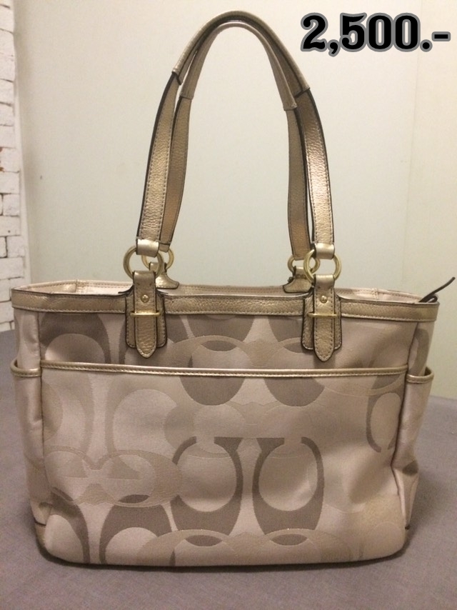  กระเป๋า COACH F19664 GALLERY OPTIC METALLIC SIGNATURE TOTE ราคา : 2500 ยีาห้อ : coach รหัส : F19664 ขนาด : 12 1/2" (L) x 9" (H) x 4 1/2" (W) สภาพ : 90% ใช้แค่ -ครั้ง 2 ครั้ง เองค่ะ 