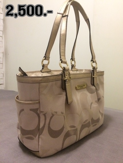  กระเป๋า COACH F19664 GALLERY OPTIC METALLIC SIGNATURE TOTE ราคา : 2500 ยีาห้อ : coach รหัส : F19664 ขนาด : 12 1/2" (L) x 9" (H) x 4 1/2" (W) สภาพ : 90% ใช้แค่ -ครั้ง 2 ครั้ง เองค่ะ 